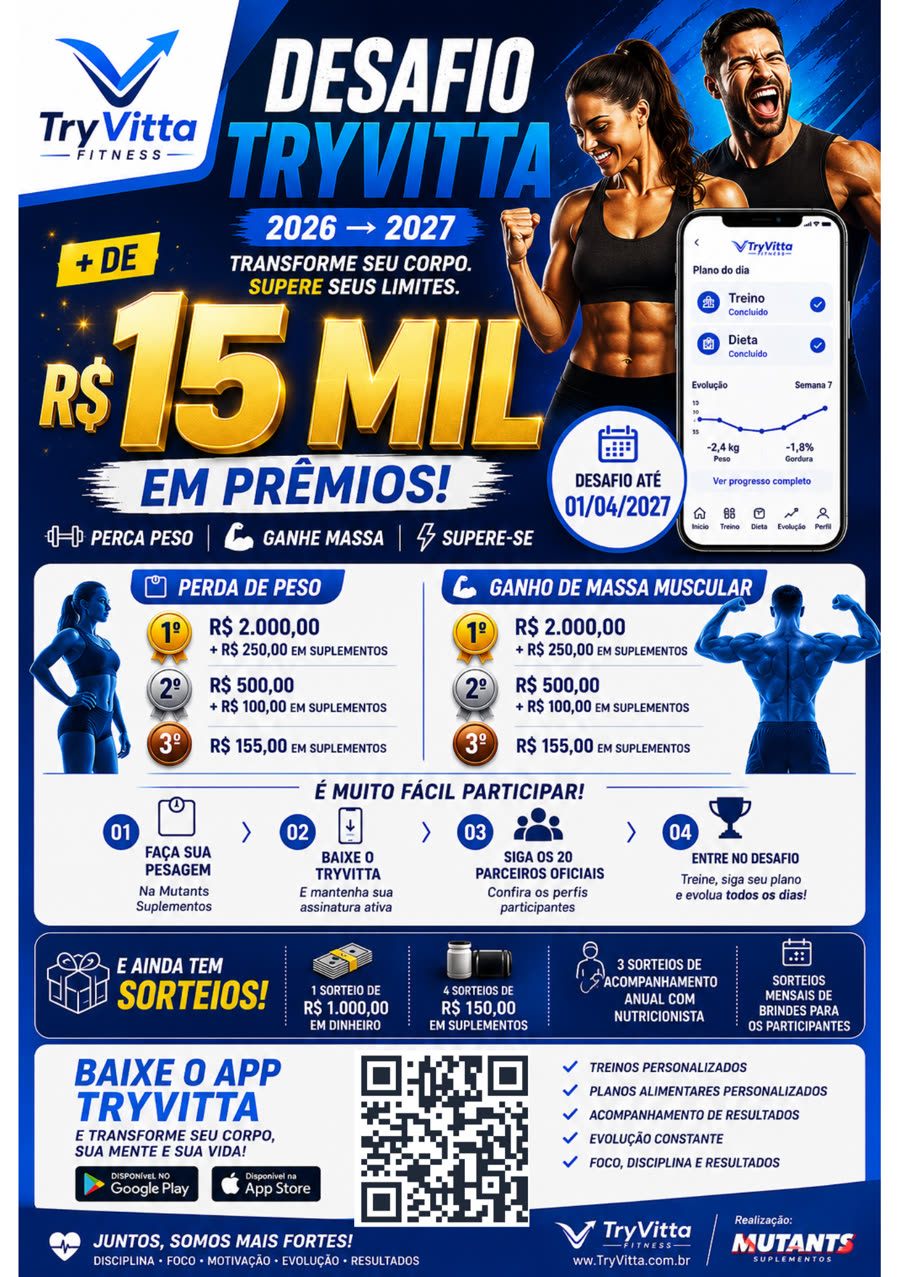 Desafio TryVitta 2026-2027: mais de R$ 15 mil em prêmios, em parceria com Mutants Suplementos