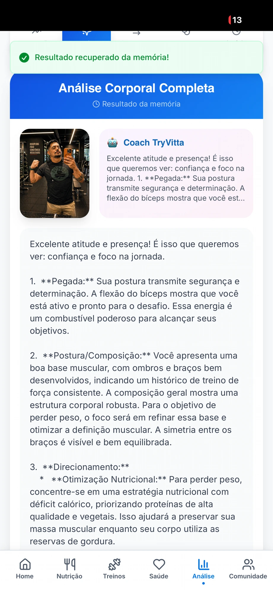 Análise por foto — Feedback da IA sobre seu shape
