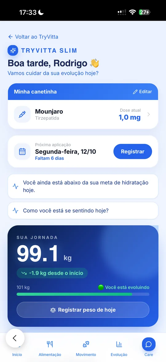Painel real do TryVitta Slim com Mounjaro, registro de dose e peso