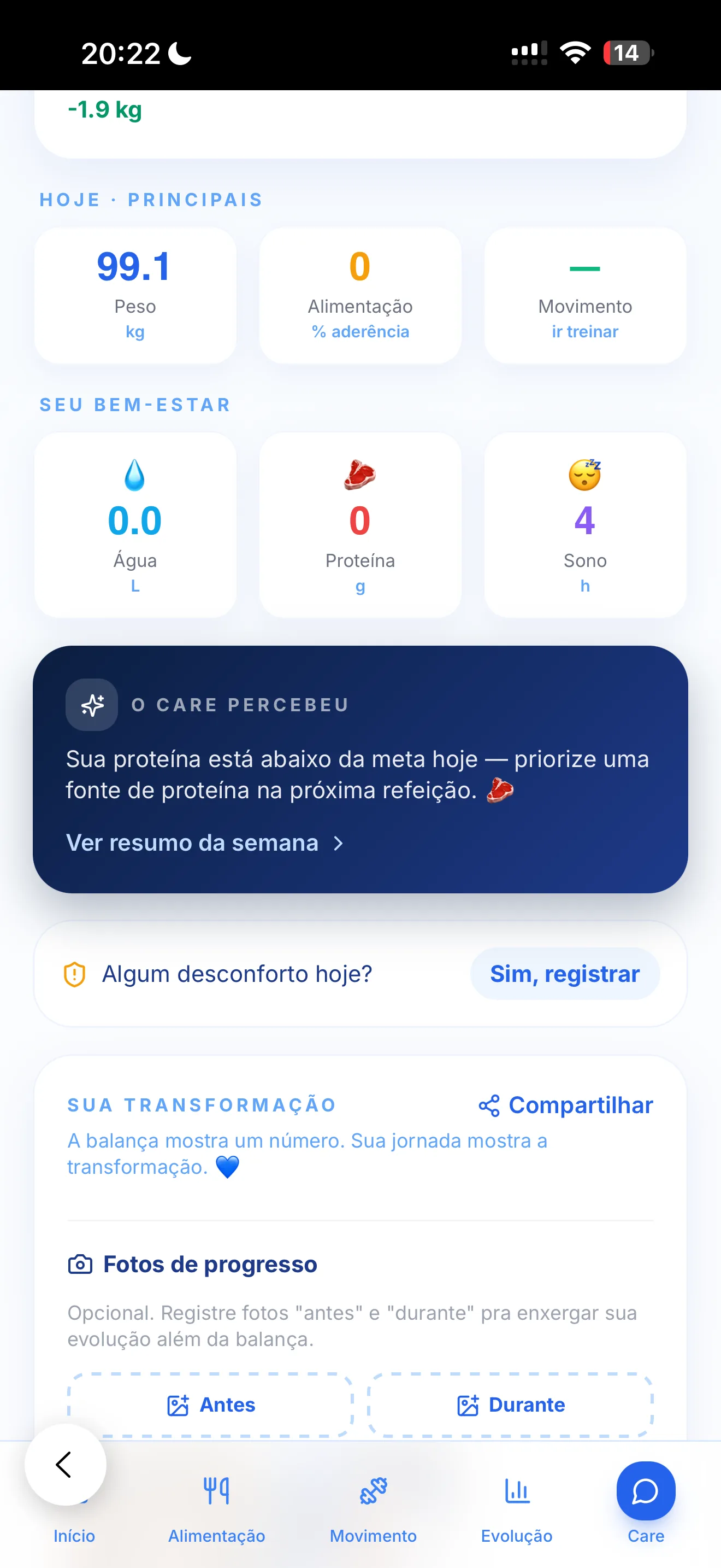 Registro de alimentação e hábitos no TryVitta Slim