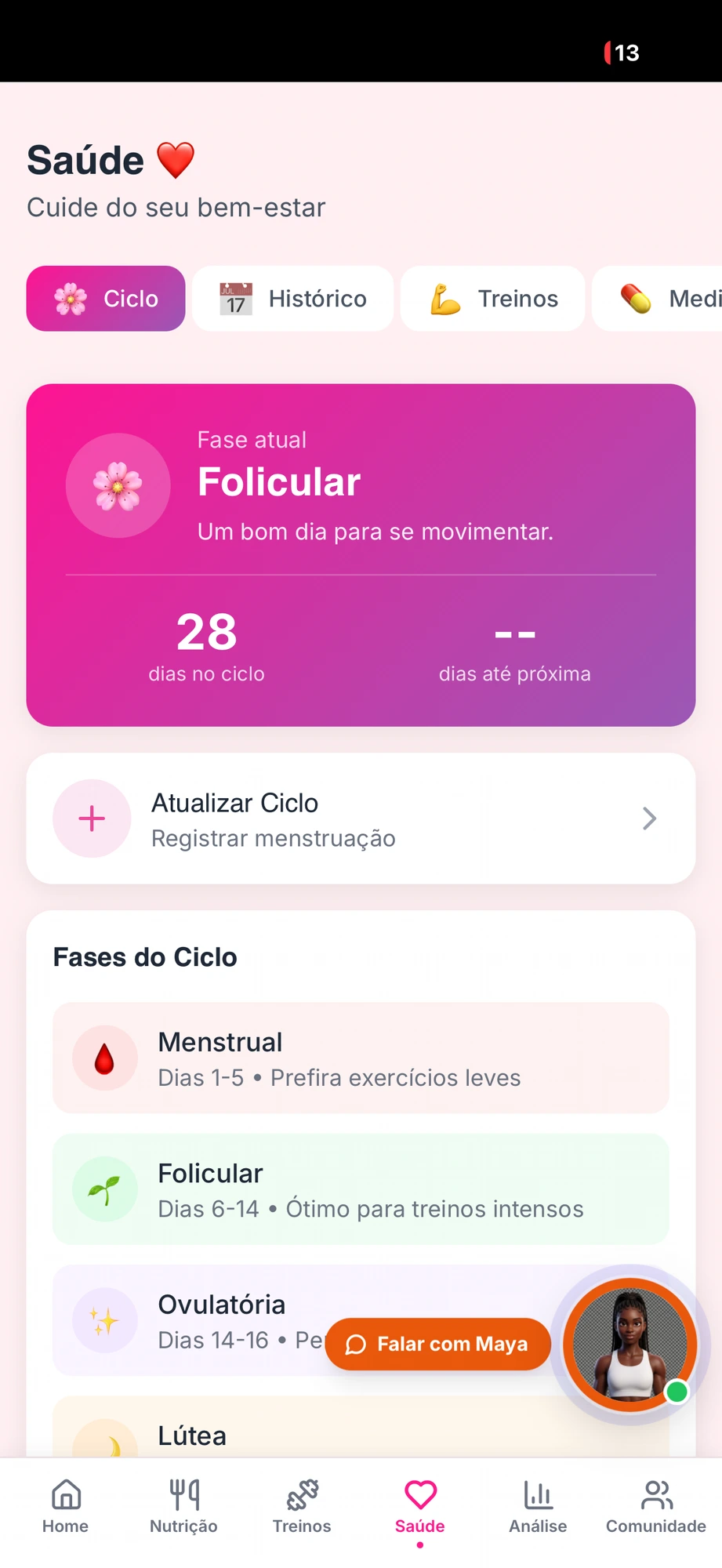 Ciclo — Treino e dieta por fase do ciclo